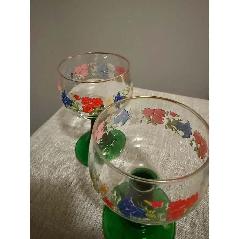 Vintage Hand-Painted Floral Goblets Green Stem Gold Rim Set of 2 – 5.5